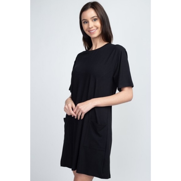 Women's Two Pocket T-Shirt Casual Short Dress BLK - Picture 4 of 8